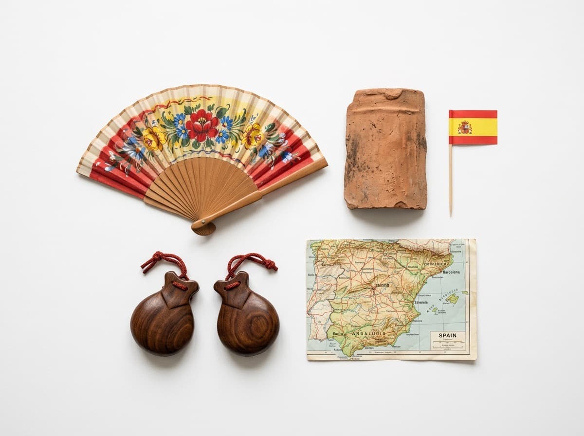 Abanico español, castañuelas y mapa de España sobre fondo blanco