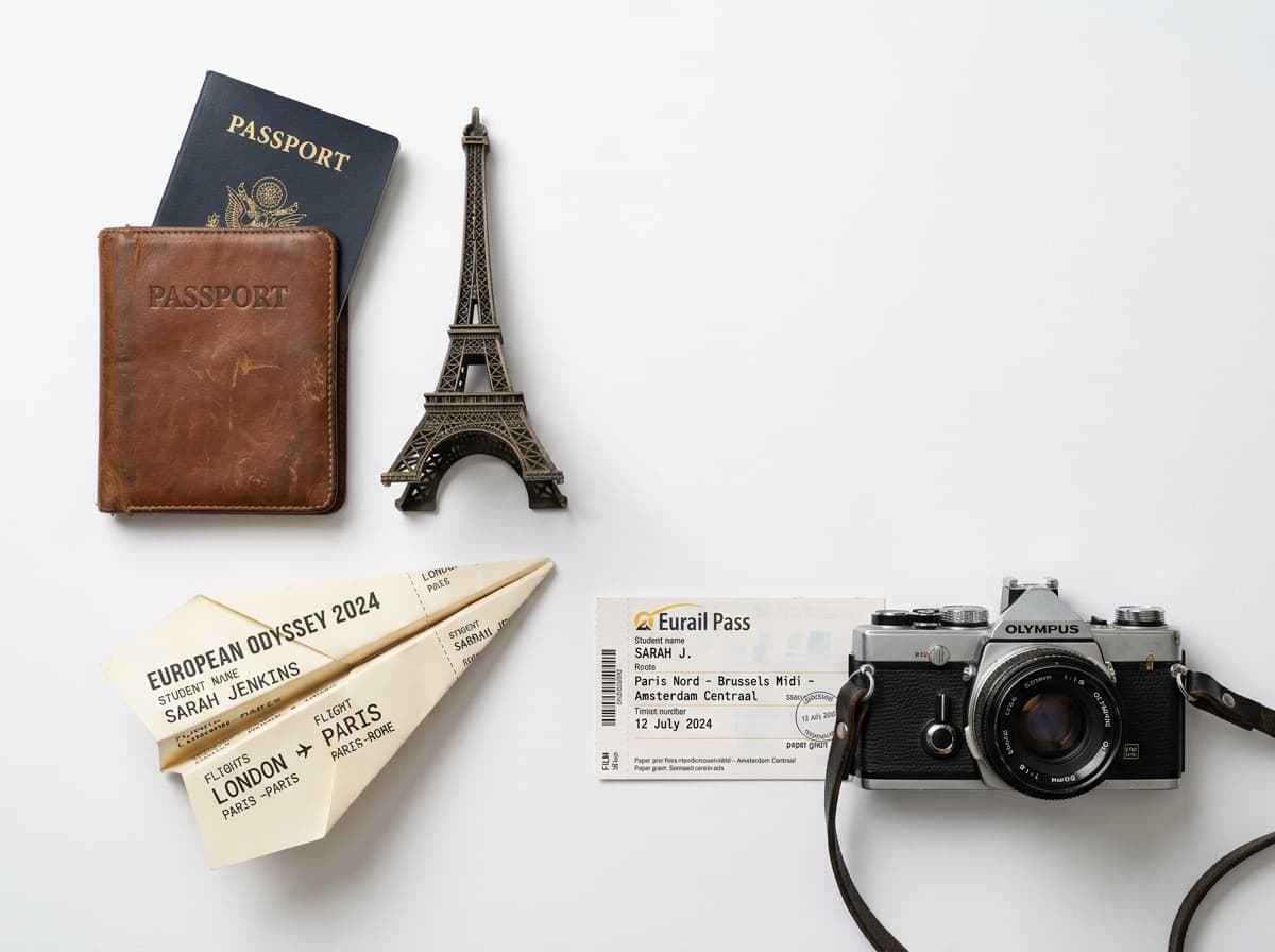 Pasaporte, réplica de la Torre Eiffel y cámara de fotos sobre fondo blanco