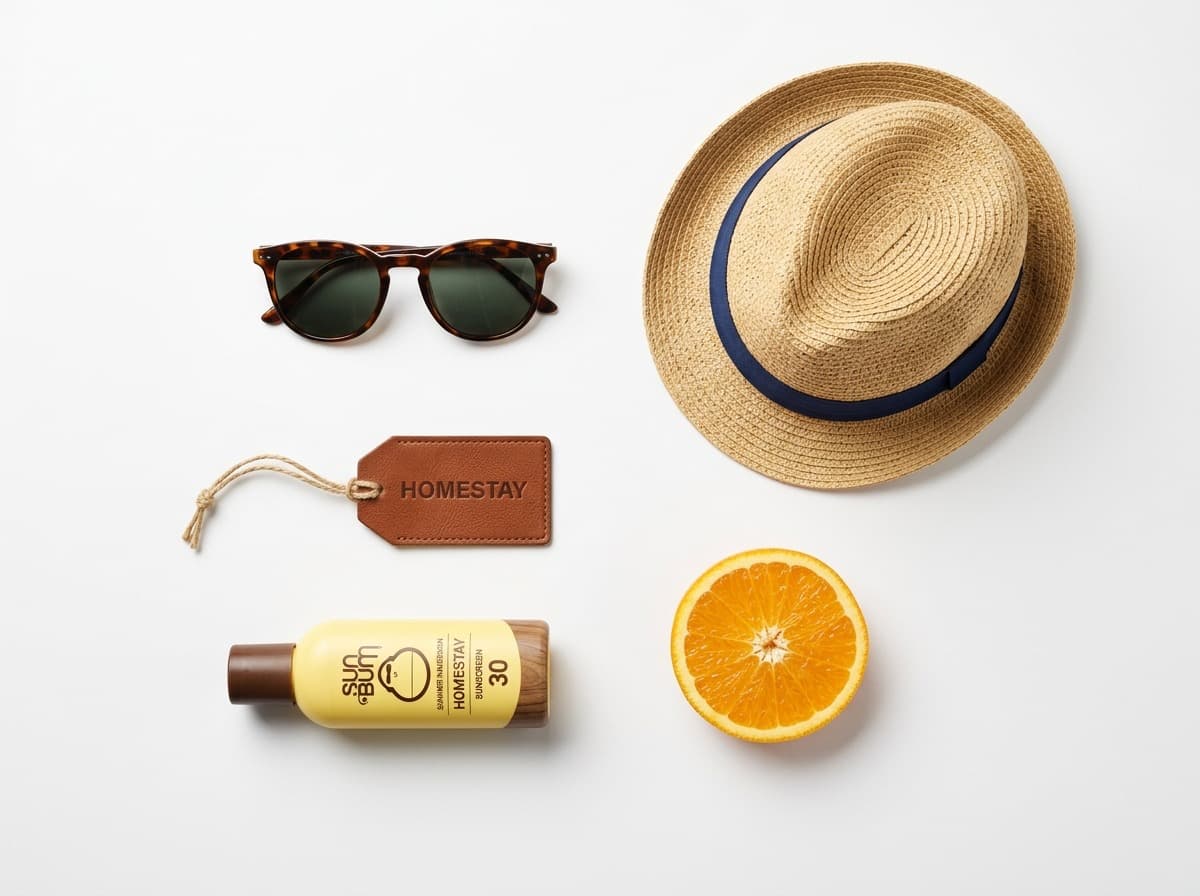 Gafas de sol, sombrero de paja y protector solar sobre fondo blanco